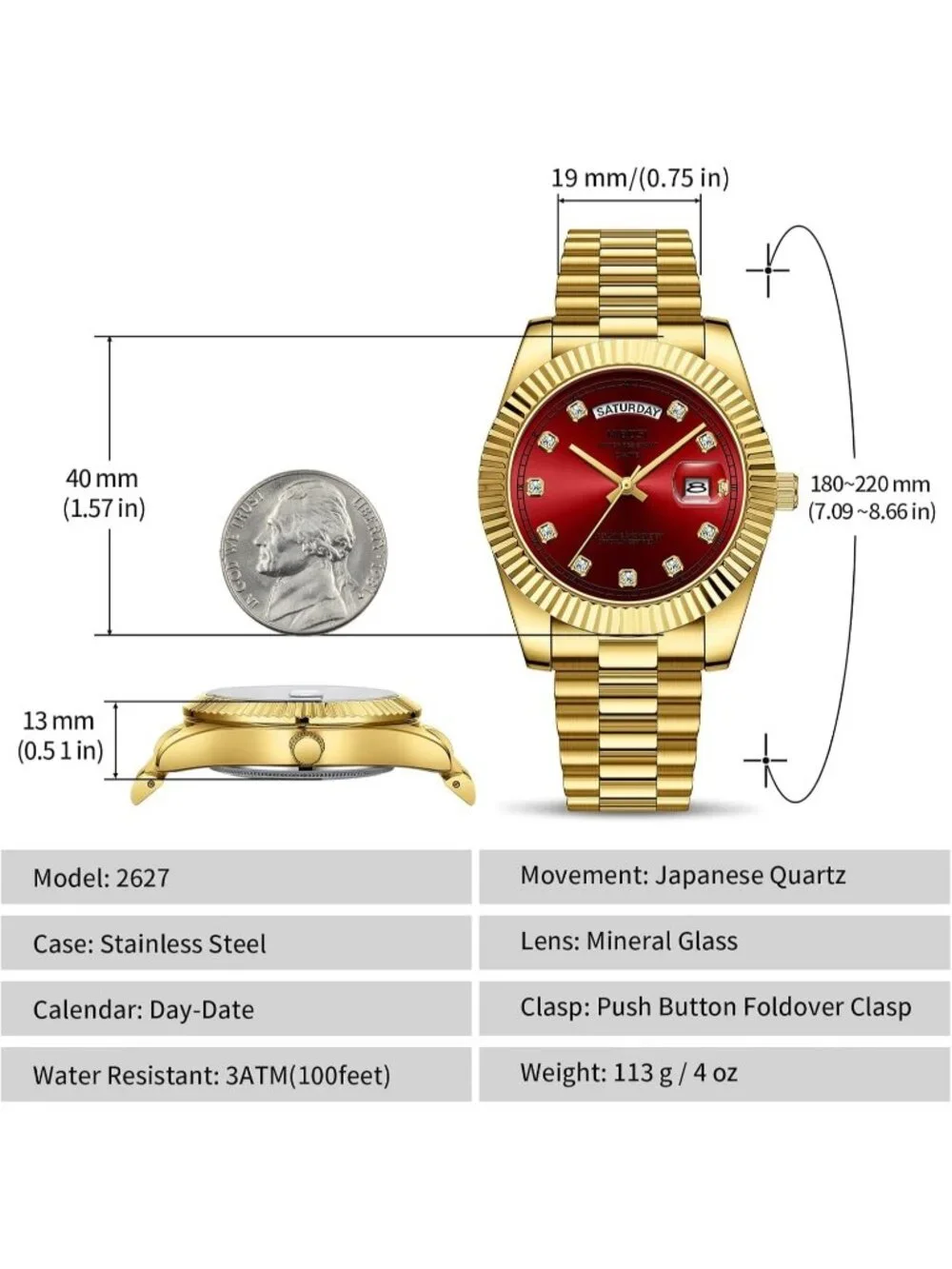 Nibosi Men's Gold Red Analog Quartz Stainless Dimond Waterproof Desiger Watch
